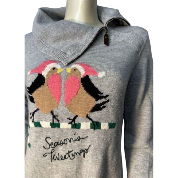 Talbots Women Sweater Medium Soft Gray "Seasons Tweetings" Birds Long Sleeve - Picture 6 of 8